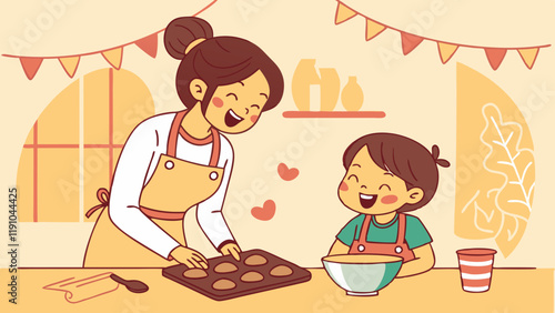 Cozy Family Baking Scene: Mother and Child Laughing While Making Cookies. Perfect for: Christmas, Thanksgiving, Family Gatherings, Home