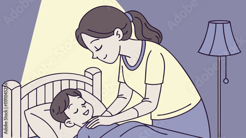 Bedtime Tenderness: Mother Tucking Child into Peaceful Sleep. Perfect for: Bedtime Routines, Everyday Nights, Home