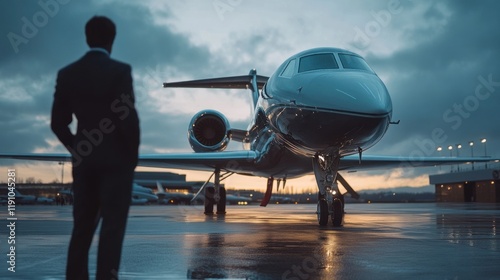 Businessman awaits private jet on tarmac at dusk.