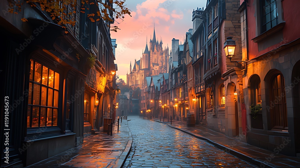 Naklejka premium Cobblestone street at dawn, illuminated by streetlights, leading to a majestic castle.
