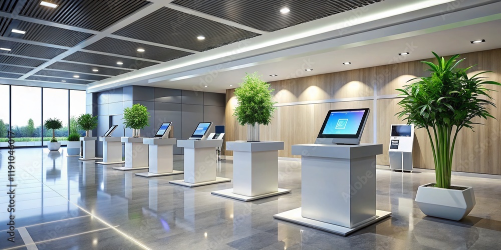 Sleek Modern Reception Area with Glowing Digital Sign-In Kiosk Sleek Modern Reception Area with Glowing Digital Sign-In Kiosk