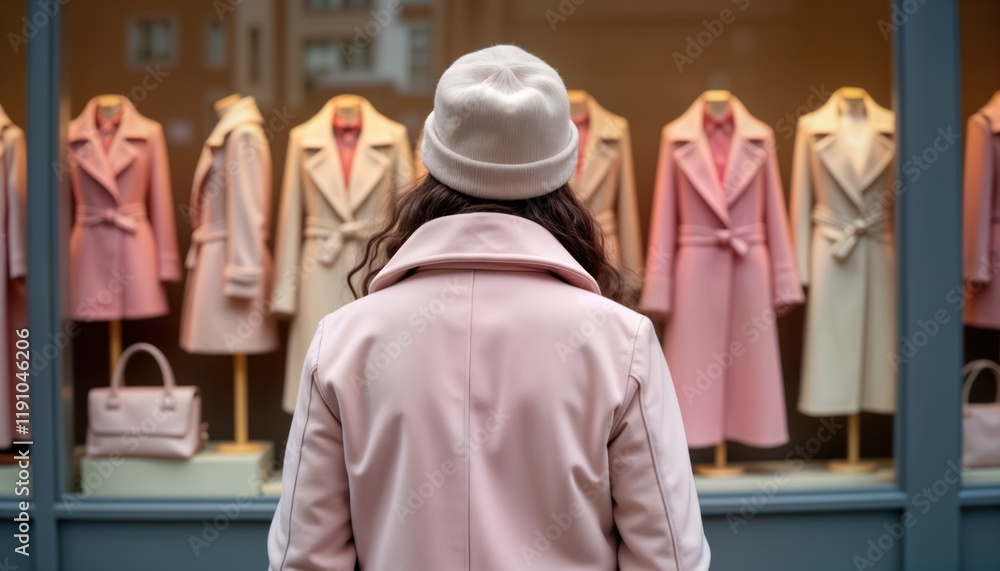 Person wearing hat examines fashionable pink, beige winter coats in store window. Woman stands outdoors in front of trendy boutique. Winter fashion display attracts attention. Customer enjoys window Person wearing hat examines fashionable pink, beige winter coats in store window. Woman stands outdoors in front of trendy boutique. Winter fashion display attracts attention. Customer enjoys window