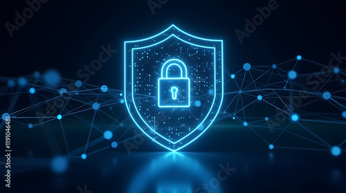 A futuristic, glowing shield icon with a lock symbol in the center, representing cybersecurity and data protection. The shield is illuminated in neon blue tones, with a digital matrix background
