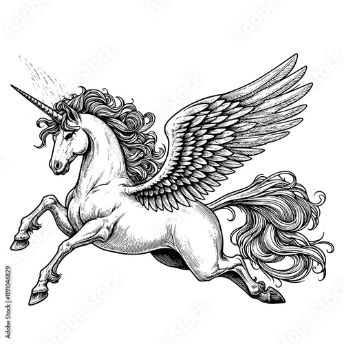 horse with wings, pegasus lineart isolated on white