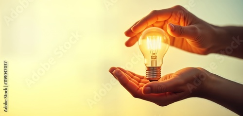 Female hands hold glowing light bulb innovation, eco-friendly energy. Concept of creative thinking, success. Image suitable for business, education, eco-friendly tech concepts. Woman holds light photo