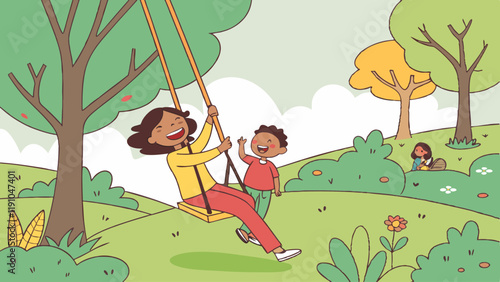 Swinging Joy: Mother and Child in the Park. Perfect for: Family Days, Park Outings, Outdoor Fun