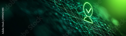 Green digital network with checkmark icon, symbolizing security and verification.