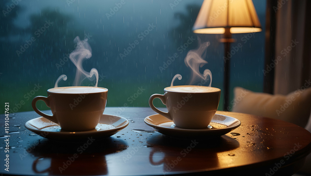 Fototapeta premium It's a beautiful rainy night with a light rain falling and two hot cups of coffee lying on the table Ai Generative 