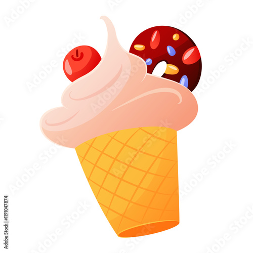 Vector hand drawn bright dessert. Isolated on white background creamy sweet snack with various toppings in a waffle cup. Advertising posters or banners with ice cream.