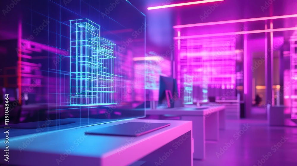 Futuristic office with holographic building design. Futuristic office with holographic building design.