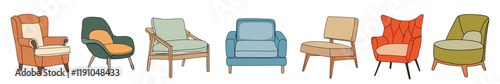 Set of different vintage mid century modern armchairs. Comfortable soft furniture different colors, shapes and viewing angle back, front and side. Vector outline illustrations isolated