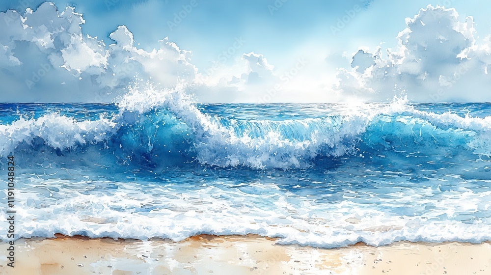 Fototapeta premium This watercolor painting captures the fluidity and movement of blue waves crashing against a white sandy shore