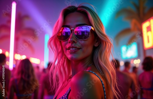 Attractive girl enjoys summer night clubbing party. Neon lights illuminate dancing crowd. Palm trees in background. Vacation nightlife scene. Wears sunglasses. Hot summer night. People dance, enjoy photo