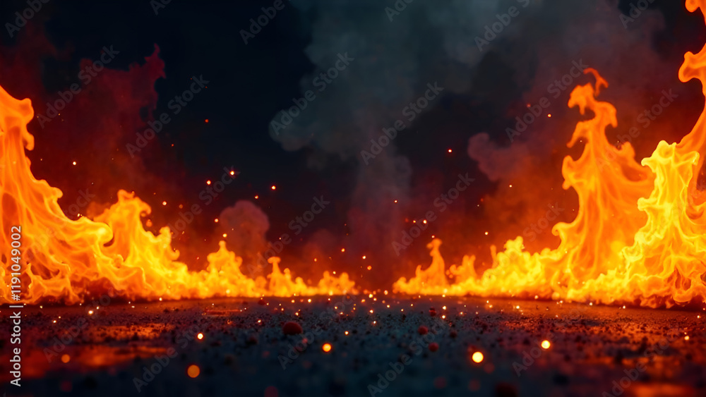 There is an immense amount of bright fire erupting from the ground as it is dark outside, creating an intense and vivid sight
