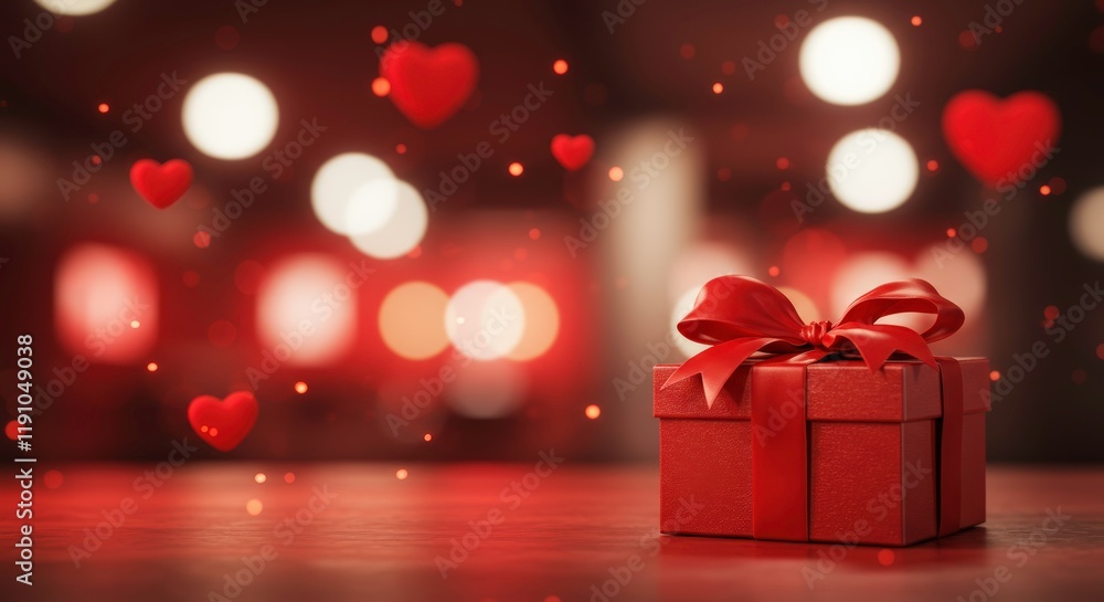 Gift of Affection: A beautifully wrapped present in a crimson hue, adorned with a silken bow, rests amidst floating hearts and softly blurred lights, symbolizing love, romance, and celebration. Gift of Affection: A beautifully wrapped present in a crimson hue, adorned with a silken bow, rests amidst floating hearts and softly blurred lights, symbolizing love, romance, and celebration.
