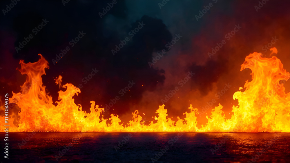 There is an immense amount of bright fire erupting from the ground as it is dark outside, creating an intense and vivid sight
