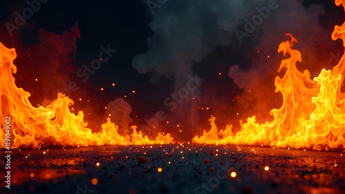 Obraz na płótnie There is an immense amount of bright fire erupting from the ground as it is dark outside, creating an intense and vivid sight w salonie