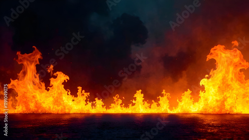 Obraz na płótnie There is an immense amount of bright fire erupting from the ground as it is dark outside, creating an intense and vivid sight w salonie