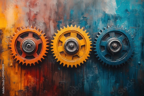 Colorful gears arranged against a vibrant backdrop create a striking industrial art piece highlighting mechanical beauty photo