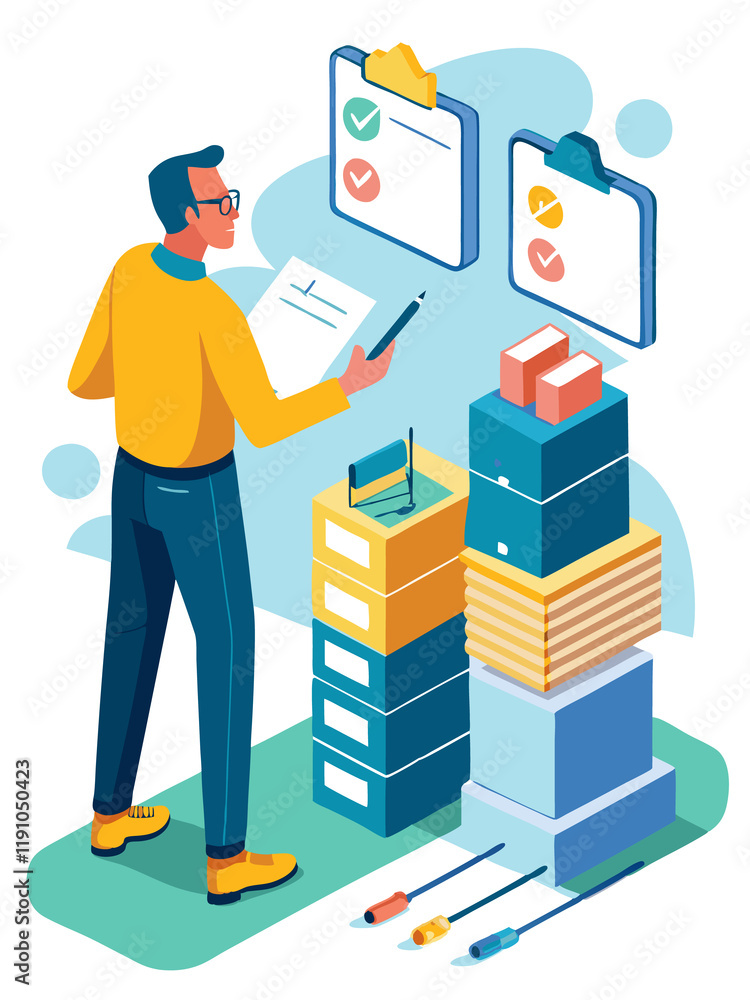 AI Generated: Illustration of a middle-aged man organizing handwritten customer feedback into folders while circling key insights AI Generated: Illustration of a middle-aged man organizing handwritten customer feedback into folders while circling key insights