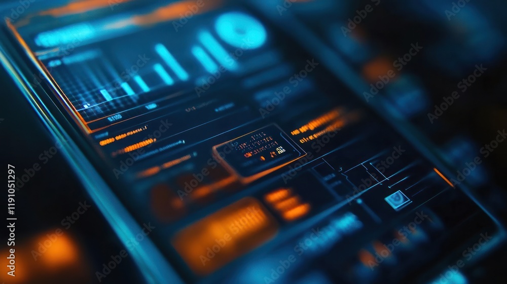 Obraz premium Futuristic digital tablet displaying data analytics graphs and charts.