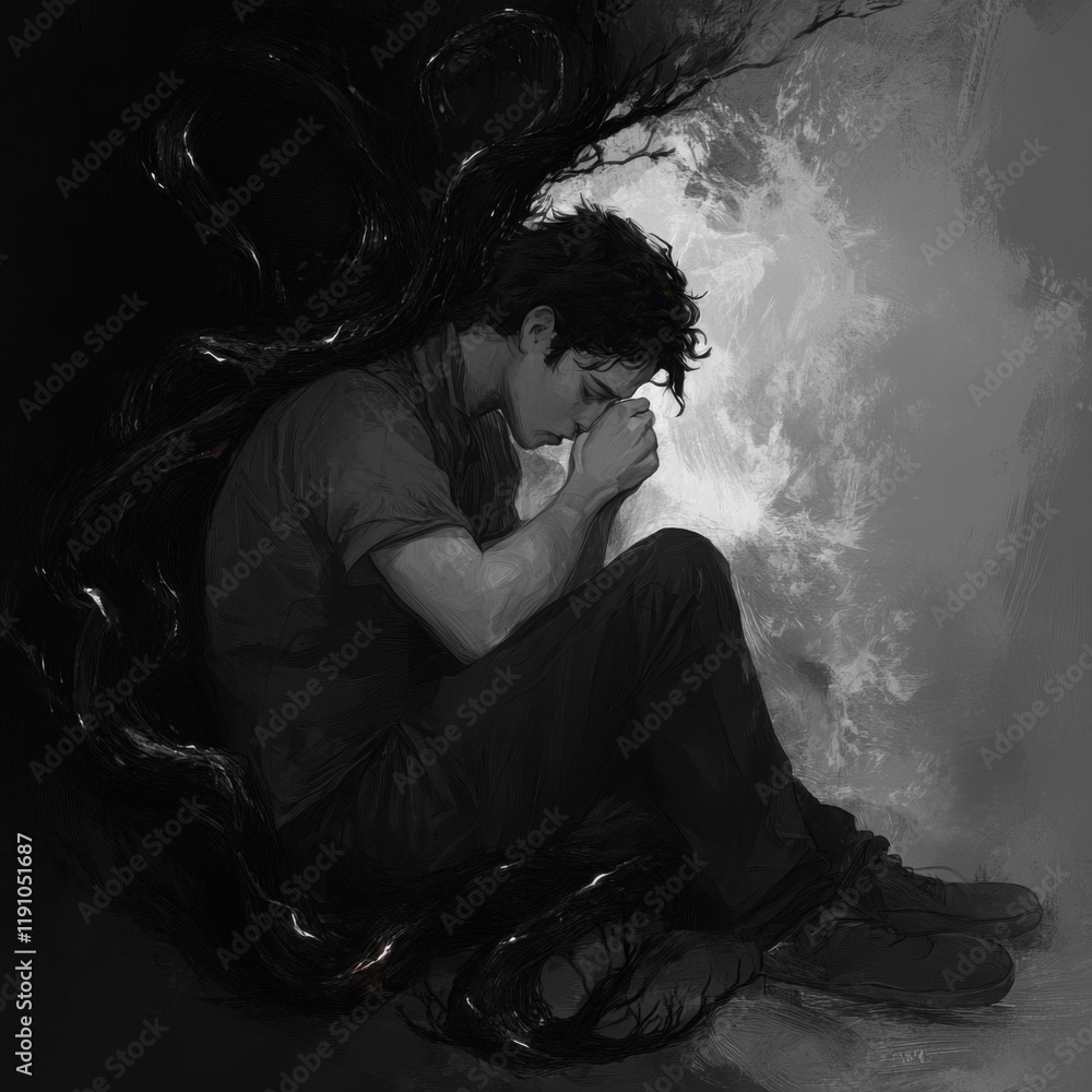Contemplative Figure in Surreal Black and White Art Contemplative Figure in Surreal Black and White Art