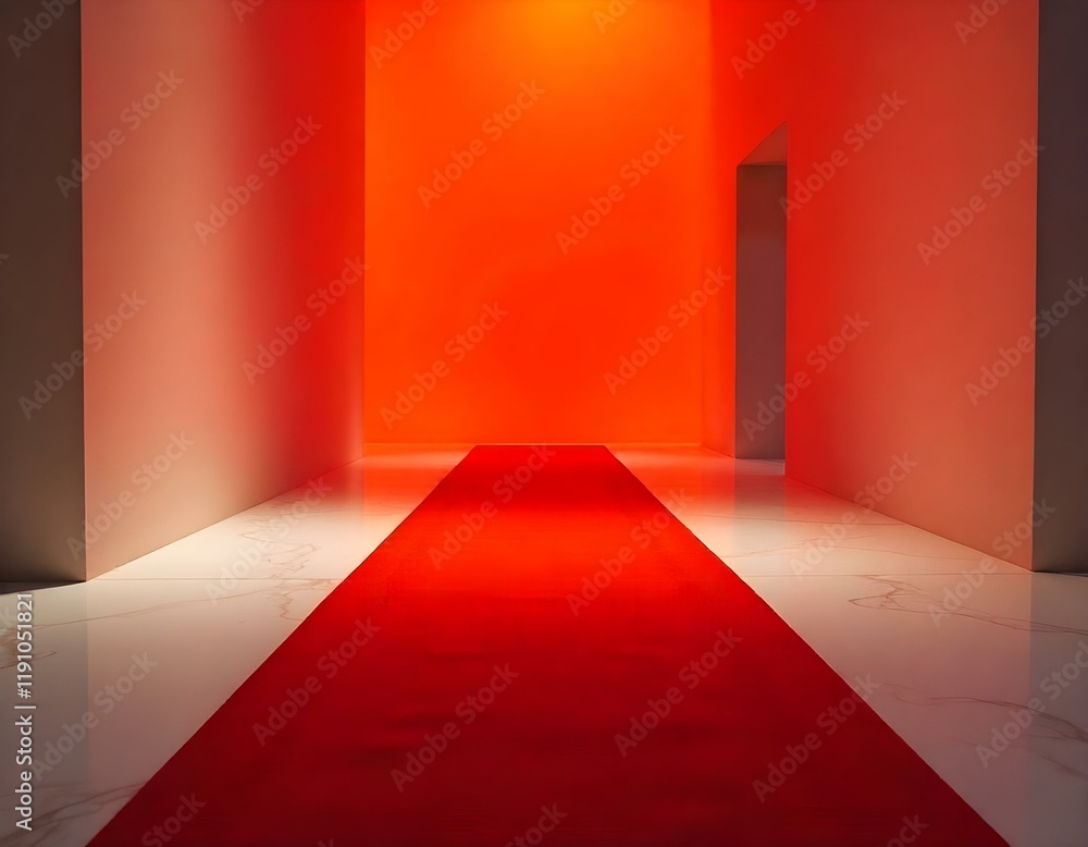 Fototapeta premium Red carpet over a white marble luxury floor, premium corridor, suxcess, business, richness, rich, popularity, business, lifestile, gold, red velvet carpet, white marble walls and column, golden decora