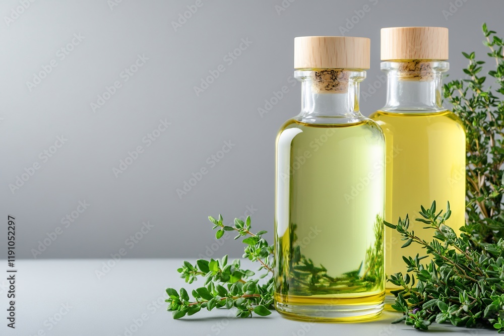 Thyme oil bottles, grey background, healthy cooking ingredient Thyme oil bottles, grey background, healthy cooking ingredient