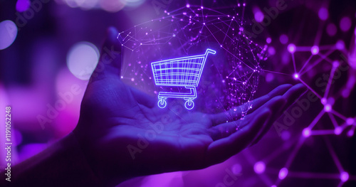 Wallpaper Mural Futuristic digital shopping concept with a glowing neon shopping cart icon floating above human hands, symbolizing e-commerce, online retail, and the future of digital transactions. Torontodigital.ca