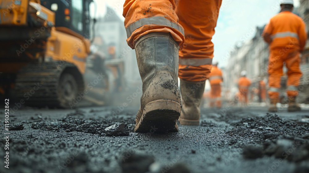 Close-Up of Construction Worker’s Boots Stepping on Wet Asphalt During Road Construction, Highlighting Hard Work, Grit, and Infrastructure Development Close-Up of Construction Worker’s Boots Stepping on Wet Asphalt During Road Construction, Highlighting Hard Work, Grit, and Infrastructure Development