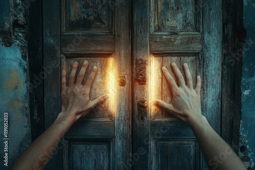Two hands open an old wooden door to a new world. A new concept of life. 