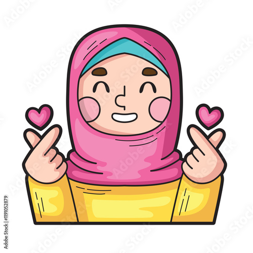 Happy hijab wearing girl makes heart hand gestures, radiating joy. Suitable for diverse and inclusive concepts, expressing love and happiness