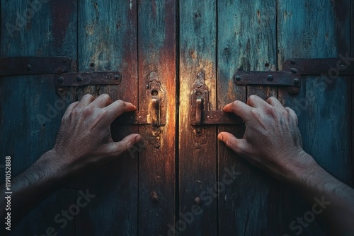 Two hands open an old wooden door to a new world. A new concept of life. 