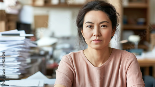 Asian female adult in casual office setting with stacks of papers photo