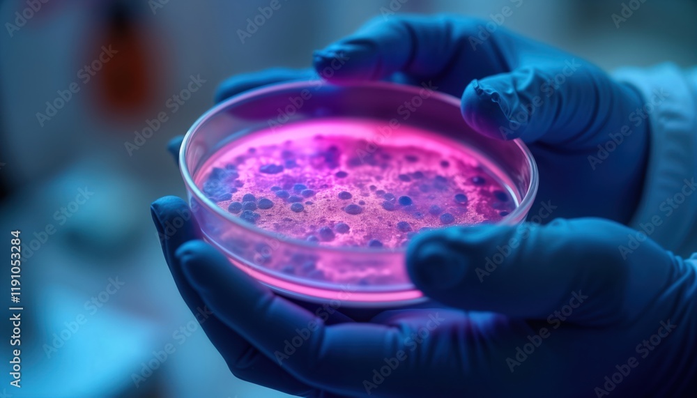Scientist holds petri dish with glowing sample. Biotech research in progress. Close-up view. Lab environment. Study of innovative hybrid structures. Focus on safety methods. New cosmetic synthesis. Scientist holds petri dish with glowing sample. Biotech research in progress. Close-up view. Lab environment. Study of innovative hybrid structures. Focus on safety methods. New cosmetic synthesis.