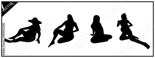 Set of pregnant women silhouettes. Different poses. Vector illustration.