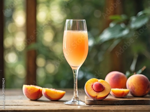 A slightly frosted flute glass filled with a vibrant peach Bellini stands on a wooden table photo