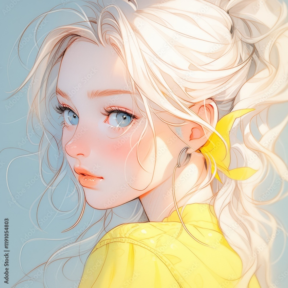 Blonde Anime Girl in Yellow Outfit, Soft Light Blonde Anime Girl in Yellow Outfit, Soft Light