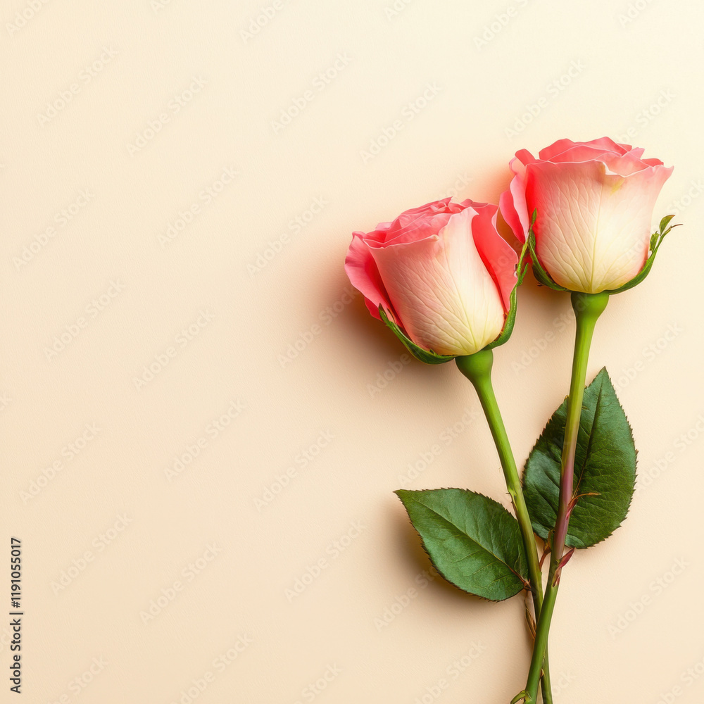Fototapeta premium Two pink roses with green stems and leaves on beige background