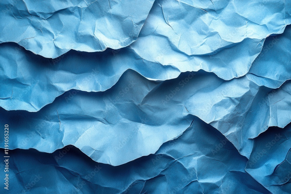 Fototapeta premium Abstract texture of crumpled blue paper resembling waves under soft light creates a calming visual effect
