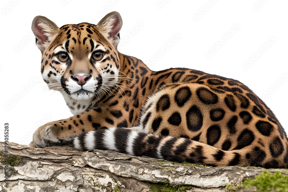 Obraz premium Ocelot's Rest: Wild Cat on Log, Majestic Spots, Stunning Coat