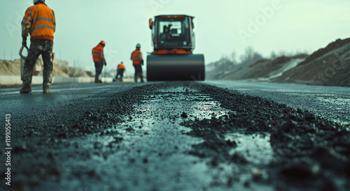 Road Construction with Workers and Machinery Laying Asphalt Under a Bright Sky, Highlighting Teamwork, Infrastructure Development, and Modern Engineering Techniques photo