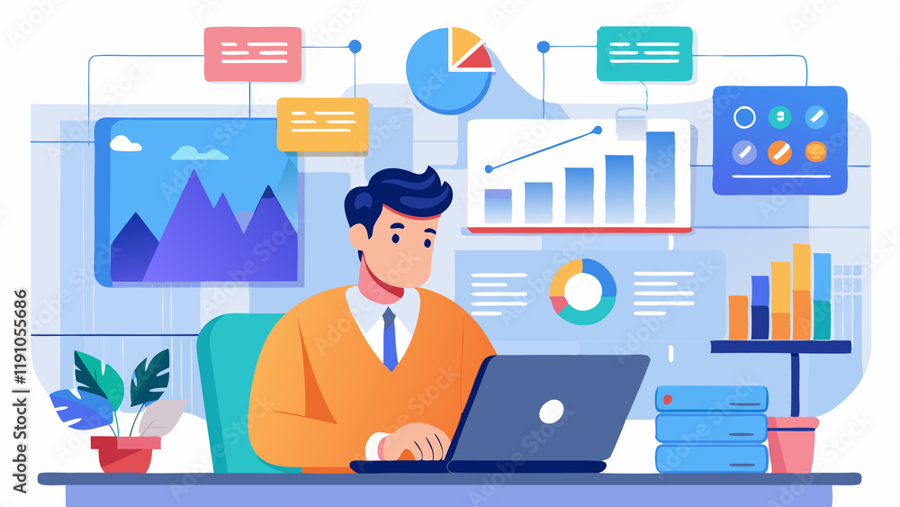 Fototapeta premium AI Generated illustration of a project manager using customer survey data in a corporate conference room to develop service improvement strategies