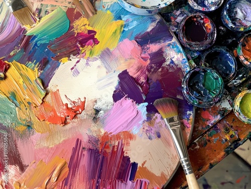 Artistic palette showcase artist's studio photography colorful environment close-up view creative inspiration photo