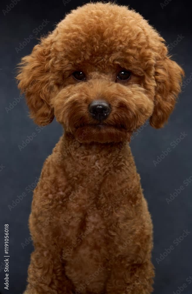 Adorable brown poodle sitting against a dark studio background, expressive and charming Adorable brown poodle sitting against a dark studio background, expressive and charming