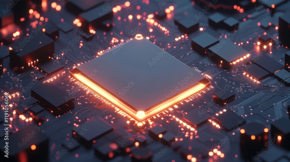 Illuminated CPU on circuit board.