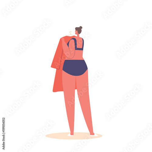 Young Female Character Holding Red Dress in Hands Rear View. Woman in Linen Trying on Summer Clothes