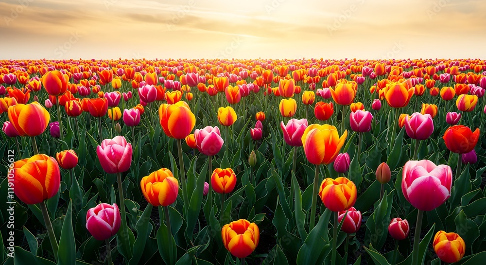 A meadow filled with colorful tulips of various shades swaying gently in the breeze A meadow filled with colorful tulips of various shades swaying gently in the breeze