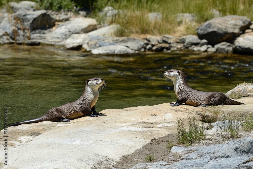 Fototapeta premium Two Northern river otters Lutra canadensis enjoying a warm summer day in Yellowstone National Park, Wyoming, United States of America