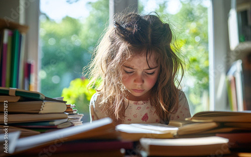 Tired girl Studying Surrounded by Stacks of Books Near a Window, Highlighting Focus, Effort, and the Challenge of Education in a Peaceful Setting photo